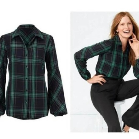 CABI Style #3769 Big Sur Green / Black Plaid Blouse, S - Picture 4 of 4